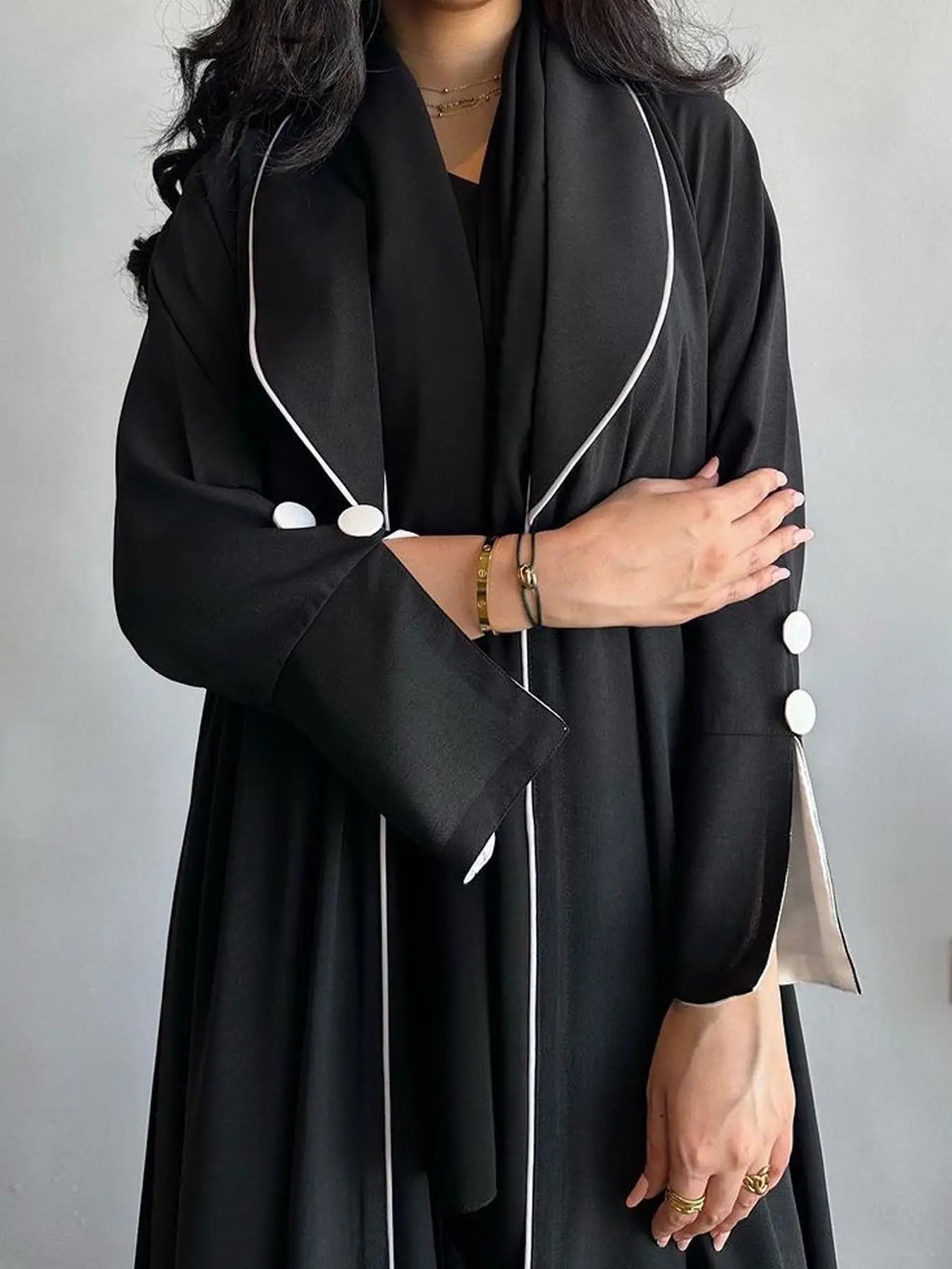 Contrast Trim Open-Front Abaya Cardigan