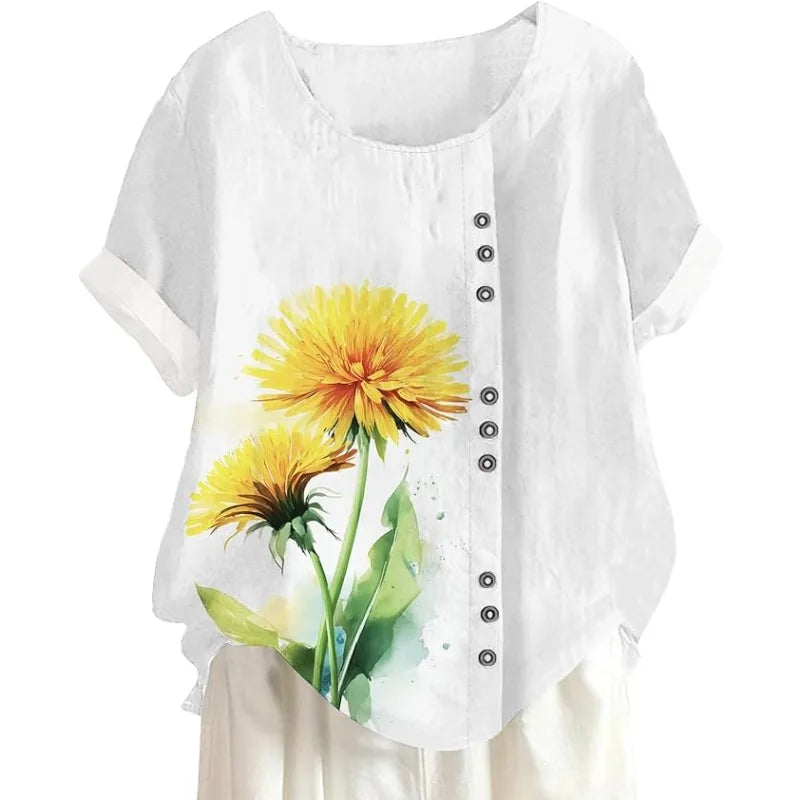 Women's Blue Floral Cotton-Linen Tunic