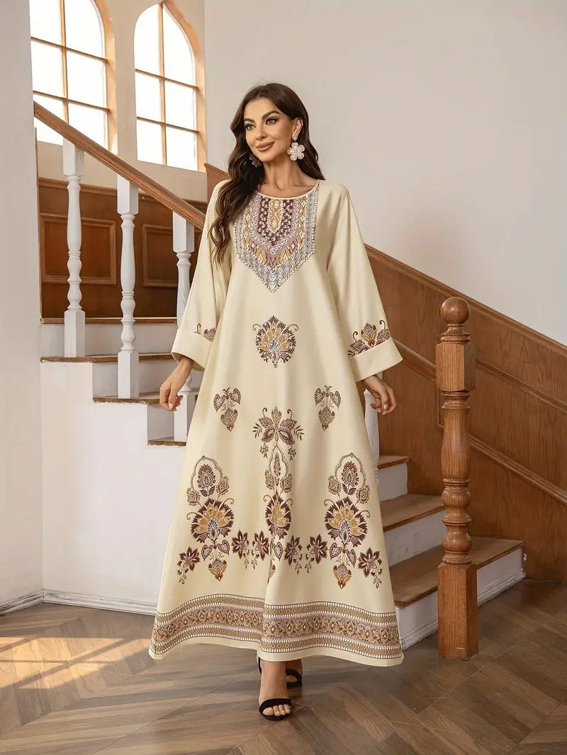 Elegant Floral Printed Abaya Middle Eastern Clothing For Women
