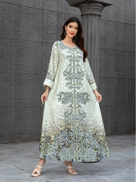 Elegant Floral Print Long Sleeve Abaya Dress