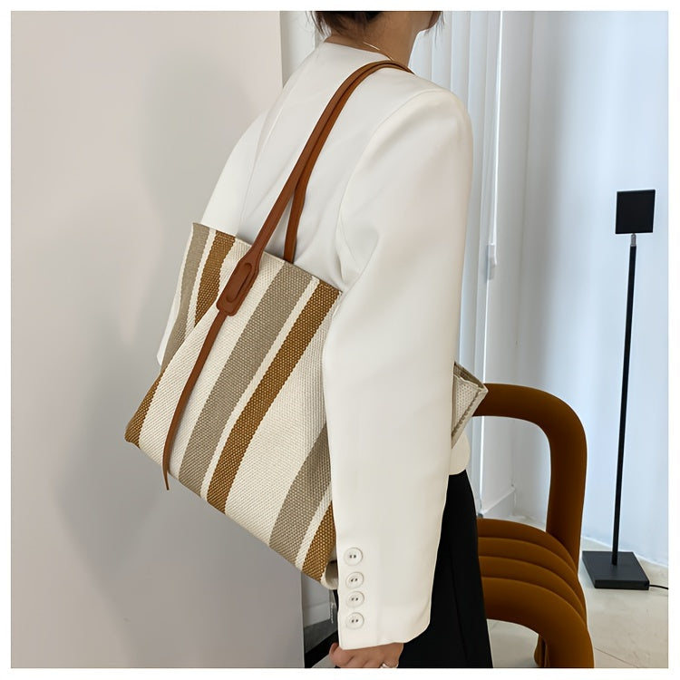 Canvas Striped Crossbody Tote Bag