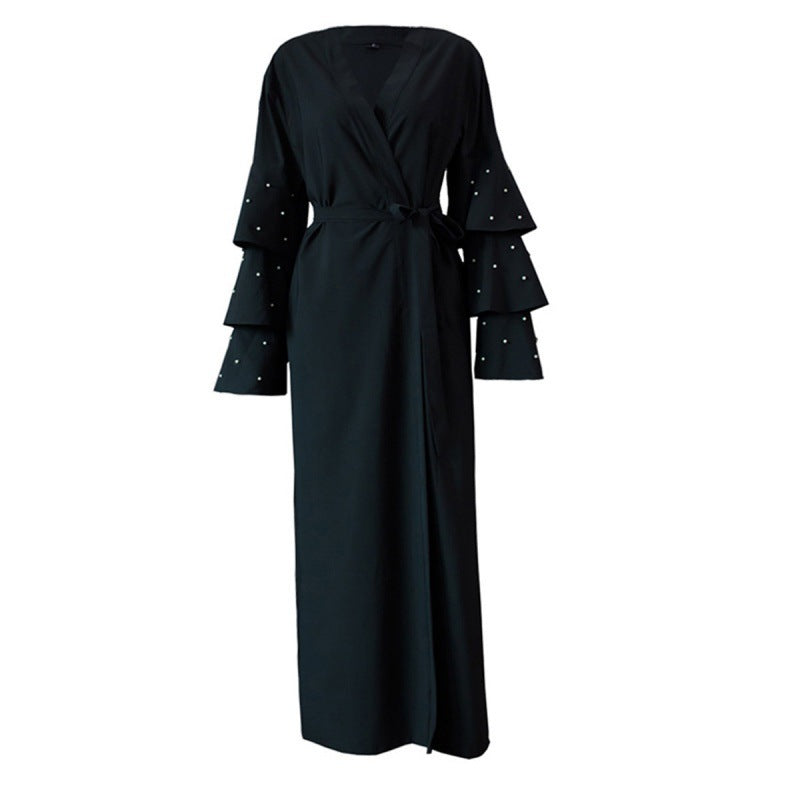 Fashion Bead Flare Sleeve Tie-neck Cardigan