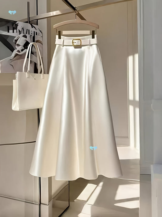 Elegant Solid Color A Line Skirt Smooth Satin Finish Flared