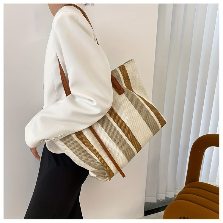 Canvas Striped Crossbody Tote Bag