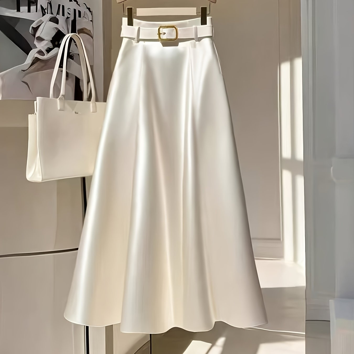 Elegant Solid Color A Line Skirt Smooth Satin Finish Flared