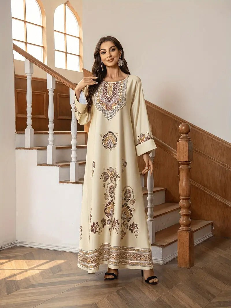 Elegant Floral Printed Abaya Middle Eastern Clothing For Women